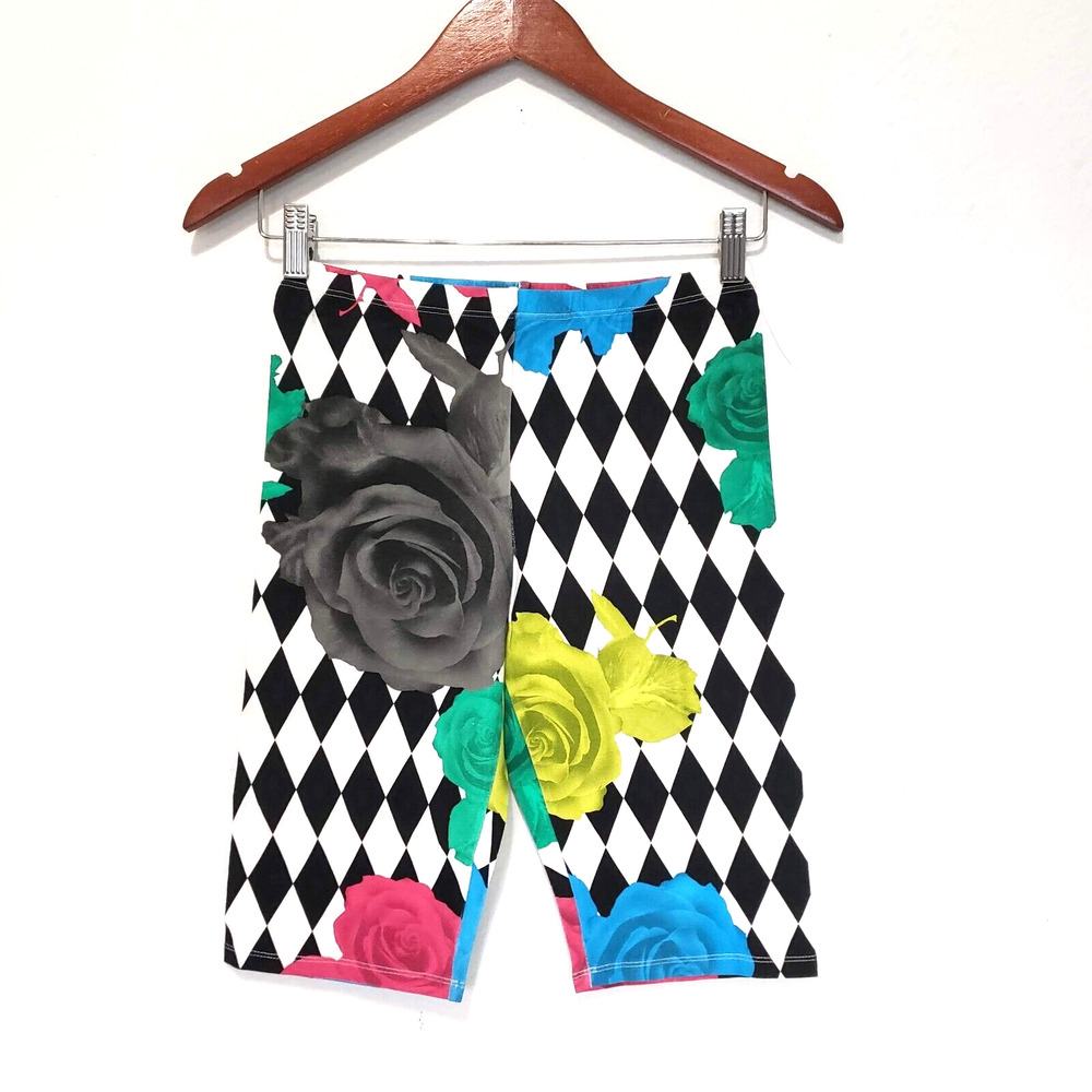 Black Scale Women SIZE S Floral Black White Check Print Mid Rise Biker Shorts